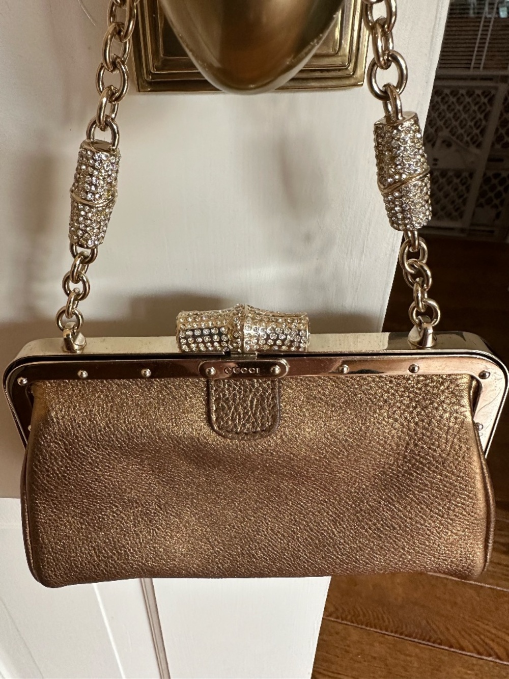 RARE Vintage Tom Ford for Gucci Crystal Bamboo Frame Evening Bag Metallic Bronze